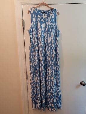 Sleeveless Blue & White Tiered Maxi Dress